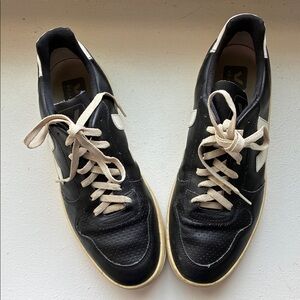 Veja Men's Black Leather Sneakers with Cream Laces and White Accents